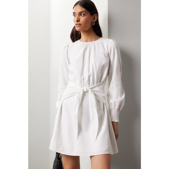 MICHAEL KORS White Long Sleeve Crewneck Linen Tie Front Mini Dress Size Medium - Picture 2 of 11